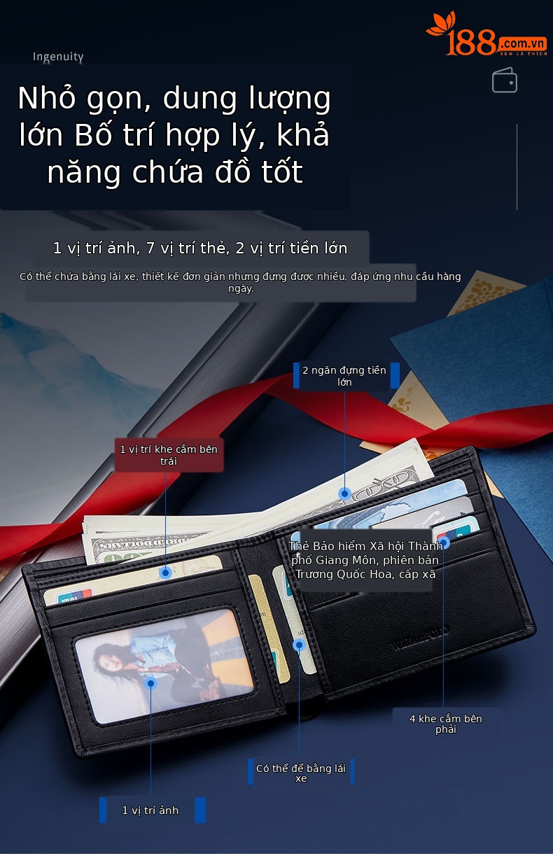 Ví nam da bò thật gập mini Emperor Paul 2024 nhiều ngăn thẻ chi tiết 5
