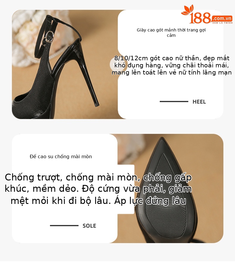 Giày cao gót mũi nhọn satin siêu cao gót không mỏi chân — Chất liệu nhung màu đen chi tiết 3