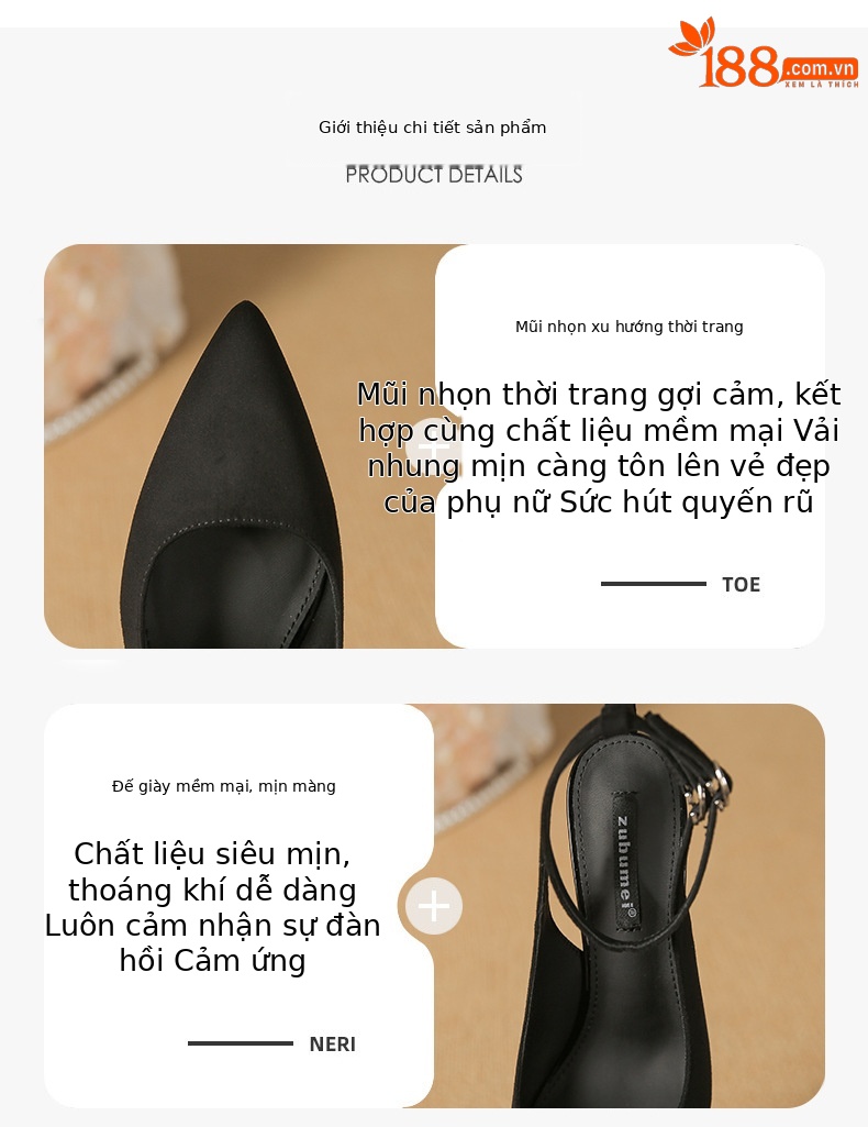 Giày cao gót nữ mũi nhọn da lộn, gót 10 cm, đế chống thấm nước — Satin đen-10cm chi tiết 2