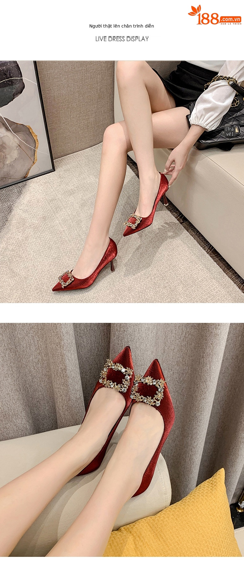 Giày cao gót satin mũi nhọn đính khóa vuông rhinestone dự tiệc cưới — Burgundy 5.5CM (Màu đỏ Burgundy, cao 5.5CM) chi tiết 4