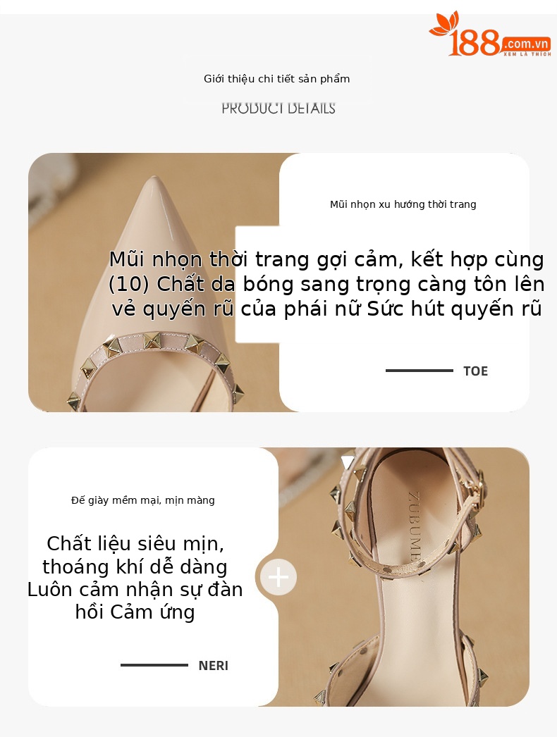 Giày cao gót mũi nhọn đinh tán gót nhọn nữ — Màu nude-10cm chi tiết 2