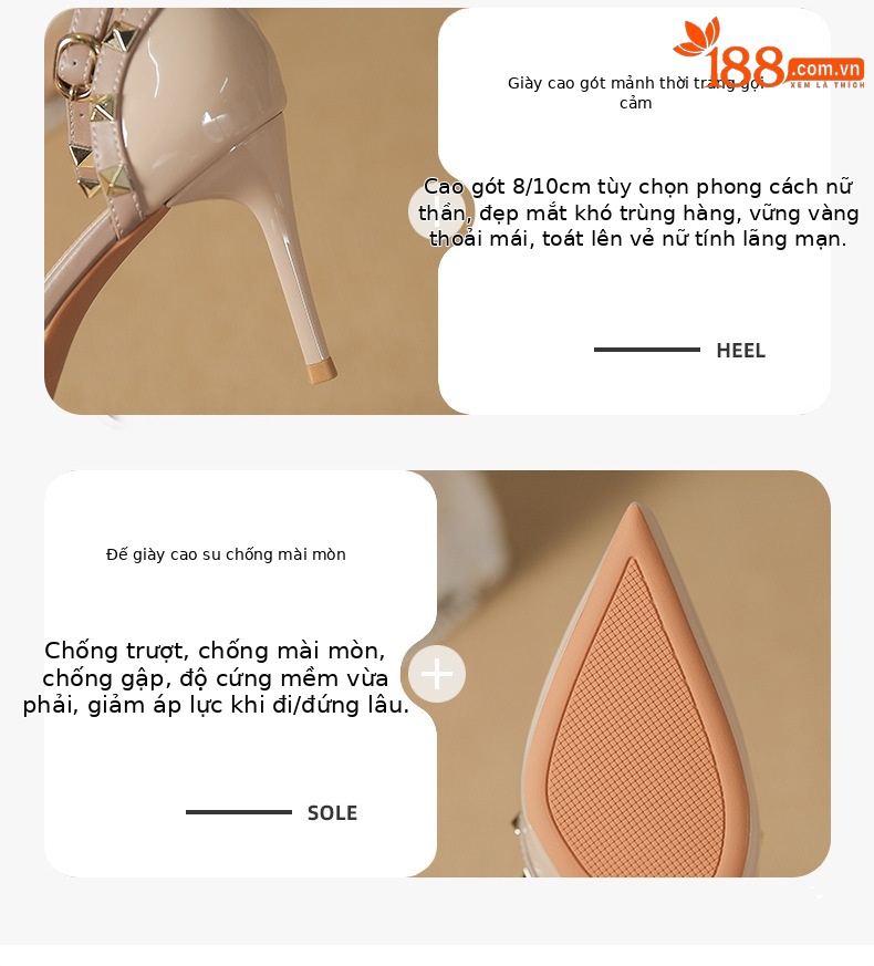 Giày cao gót mũi nhọn đinh tán gót nhọn nữ — Màu nude-10cm chi tiết 3