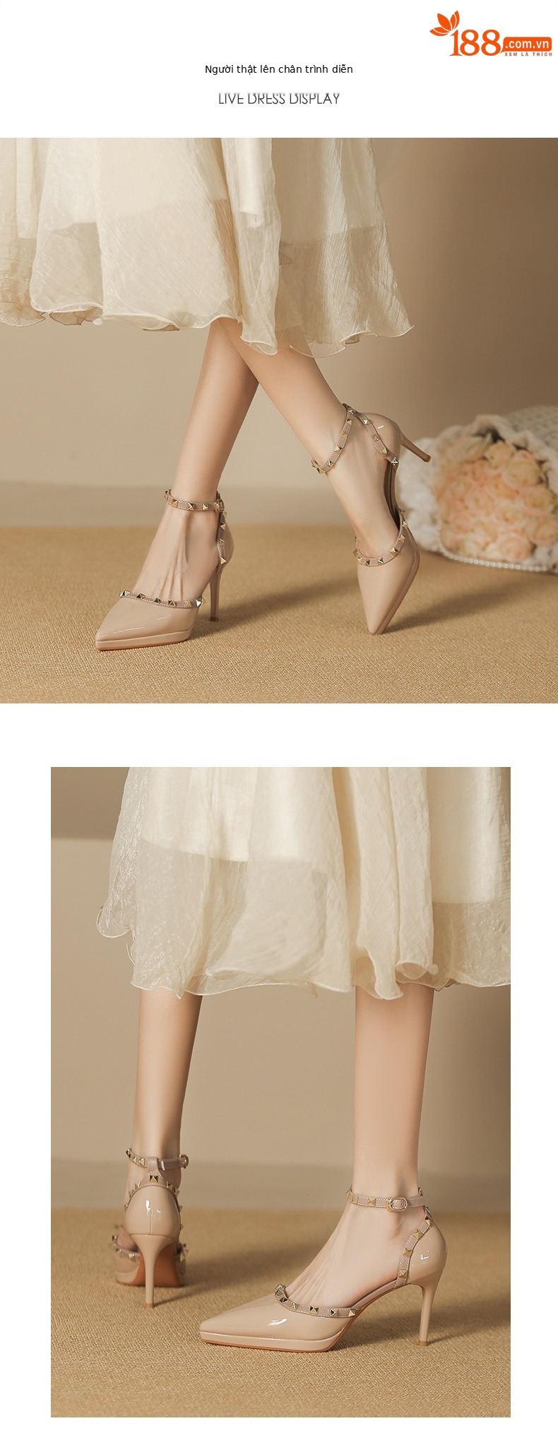 Giày cao gót mũi nhọn đinh tán gót nhọn nữ — Màu nude-10cm chi tiết 4