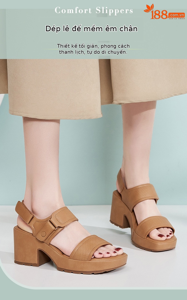 Dép sandal nữ đế dày quai Velcro mùa xuân hè 2025 — Màu đen, Màu camel, Màu trắng be chi tiết 1