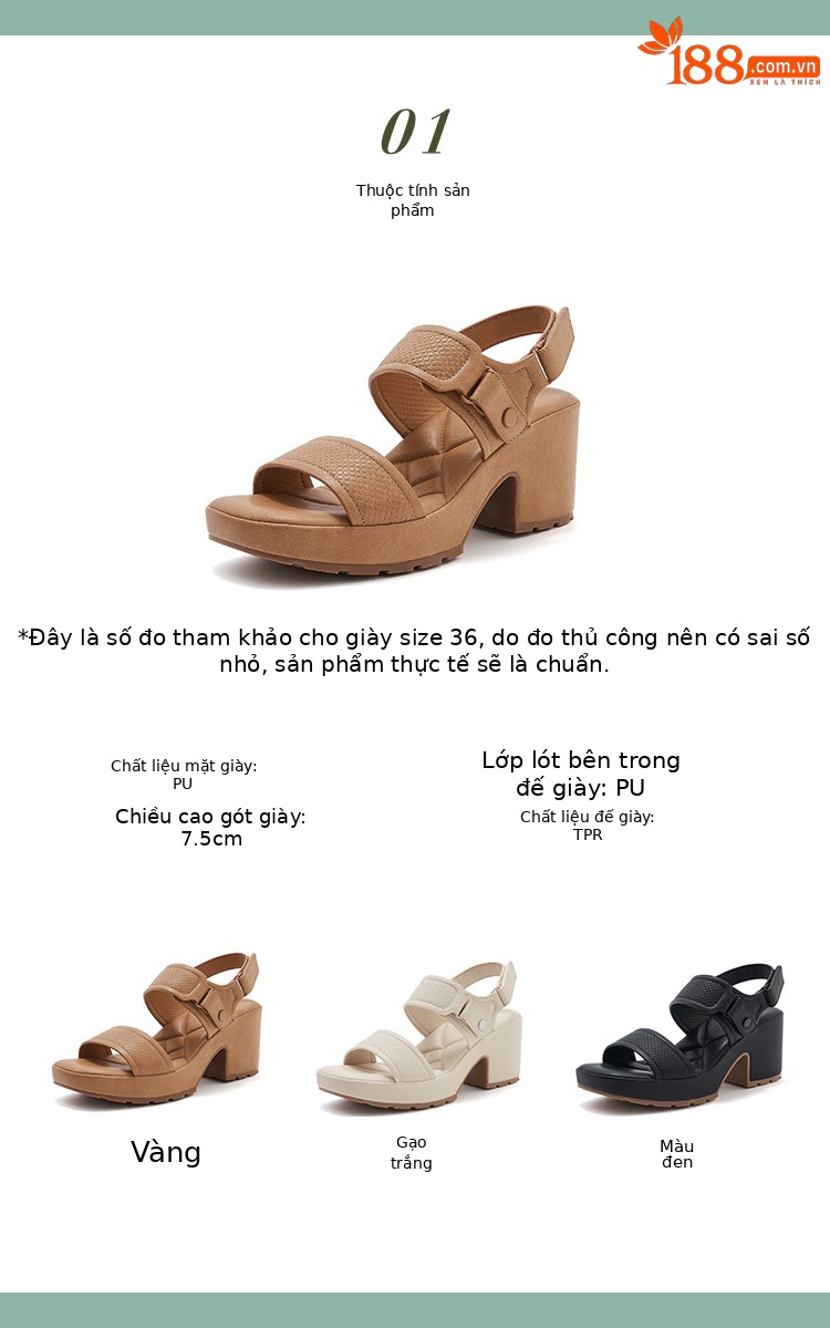 Dép sandal nữ đế dày quai Velcro mùa xuân hè 2025 — Màu đen, Màu camel, Màu trắng be chi tiết 2