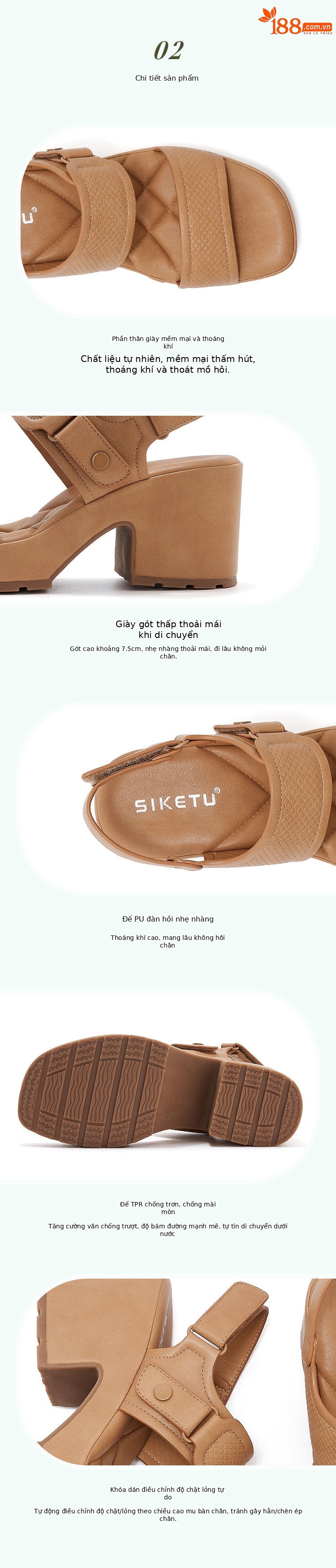 Dép sandal nữ đế dày quai Velcro mùa xuân hè 2025 — Màu đen, Màu camel, Màu trắng be chi tiết 3