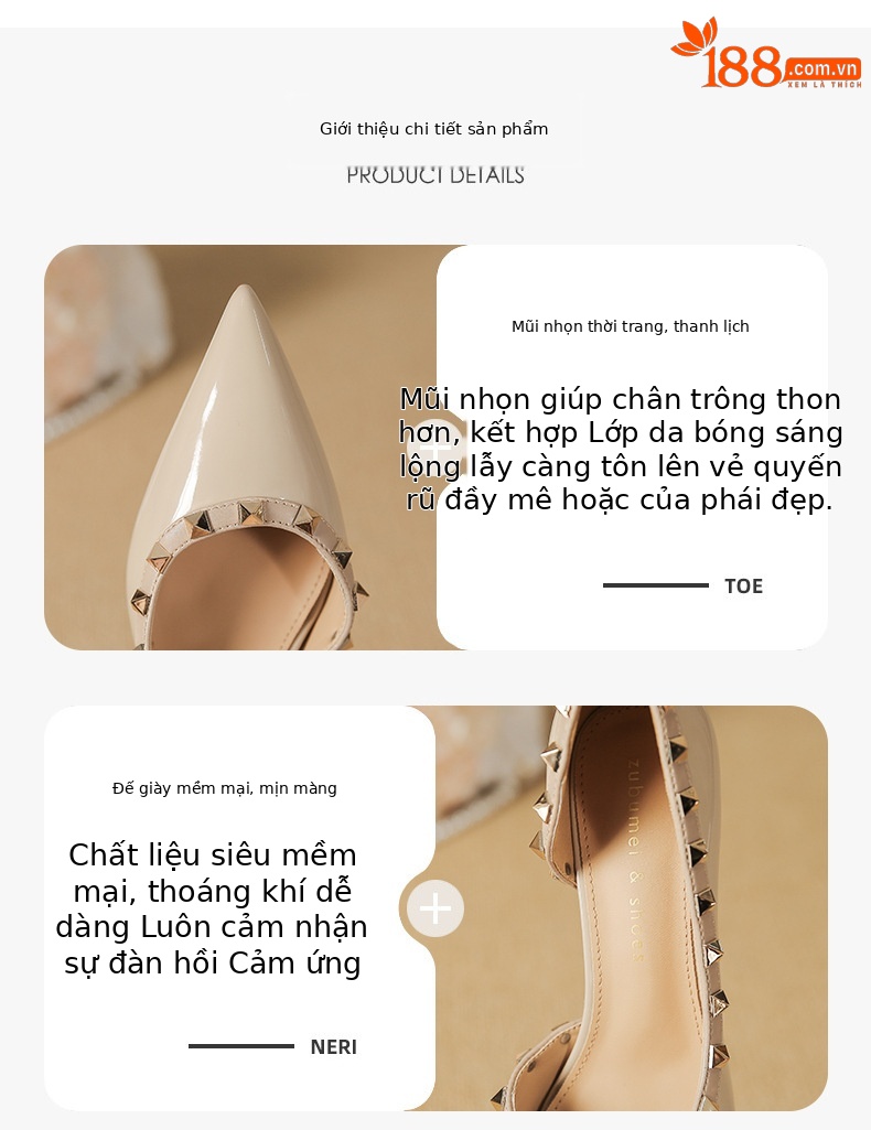 Sandal cao gót nữ mũi nhọn hở mũi đinh tán gót nhọn — Màu đen chi tiết 1