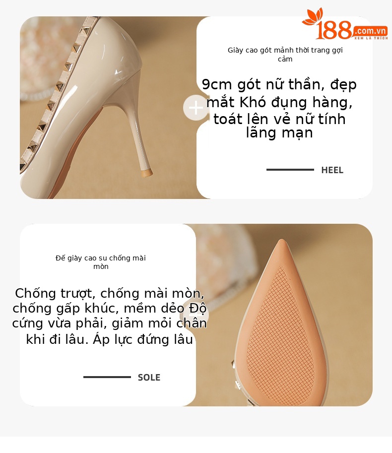 Sandal cao gót nữ mũi nhọn hở mũi đinh tán gót nhọn — Màu đen chi tiết 2