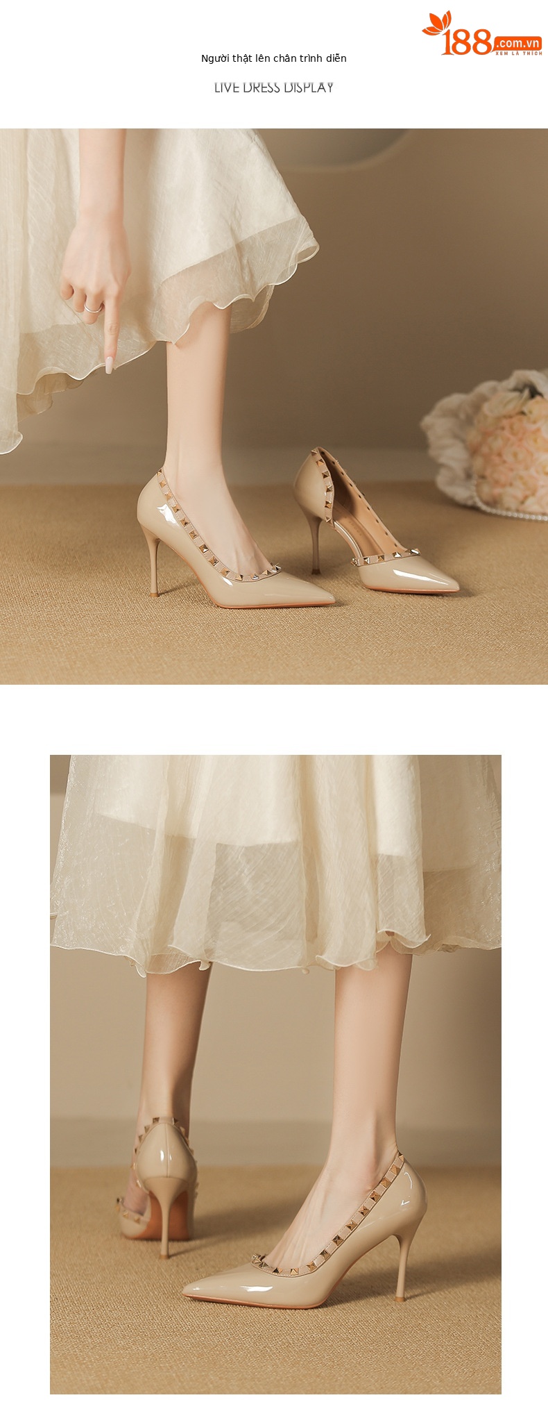 Sandal cao gót nữ mũi nhọn hở mũi đinh tán gót nhọn — Màu đen chi tiết 3
