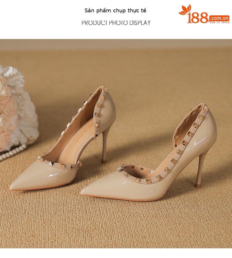 Sandal cao gót nữ mũi nhọn hở mũi đinh tán gót nhọn — Màu đen chi tiết 8