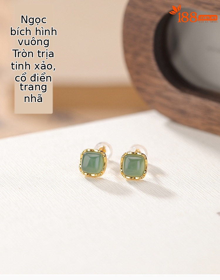 Bông tai nữ bạc S925 mạ vàng đính đá ngọc lam hình vuông retro — Kiểu màu bạc, Kiểu màu vàng chi tiết 1