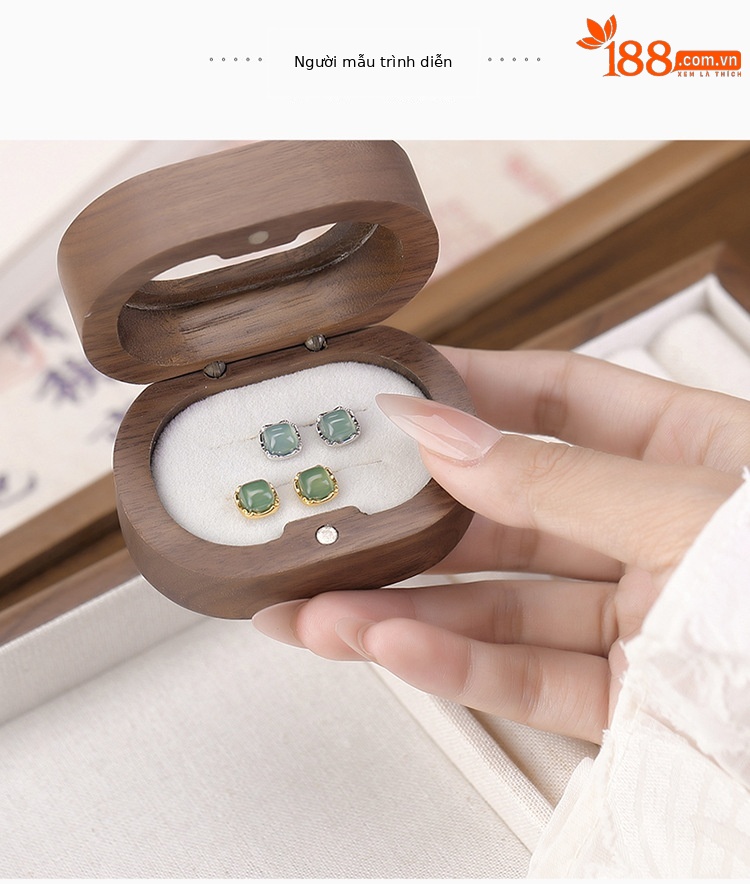 Bông tai nữ bạc S925 mạ vàng đính đá ngọc lam hình vuông retro — Kiểu màu bạc, Kiểu màu vàng chi tiết 5