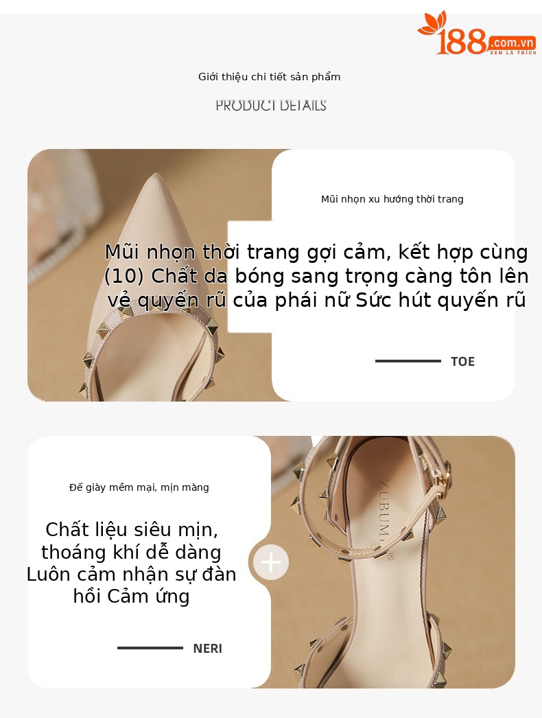 Giày cao gót mũi nhọn đinh tán bít mũi rỗng gót 10 cm — Màu nude-10cm chi tiết 2