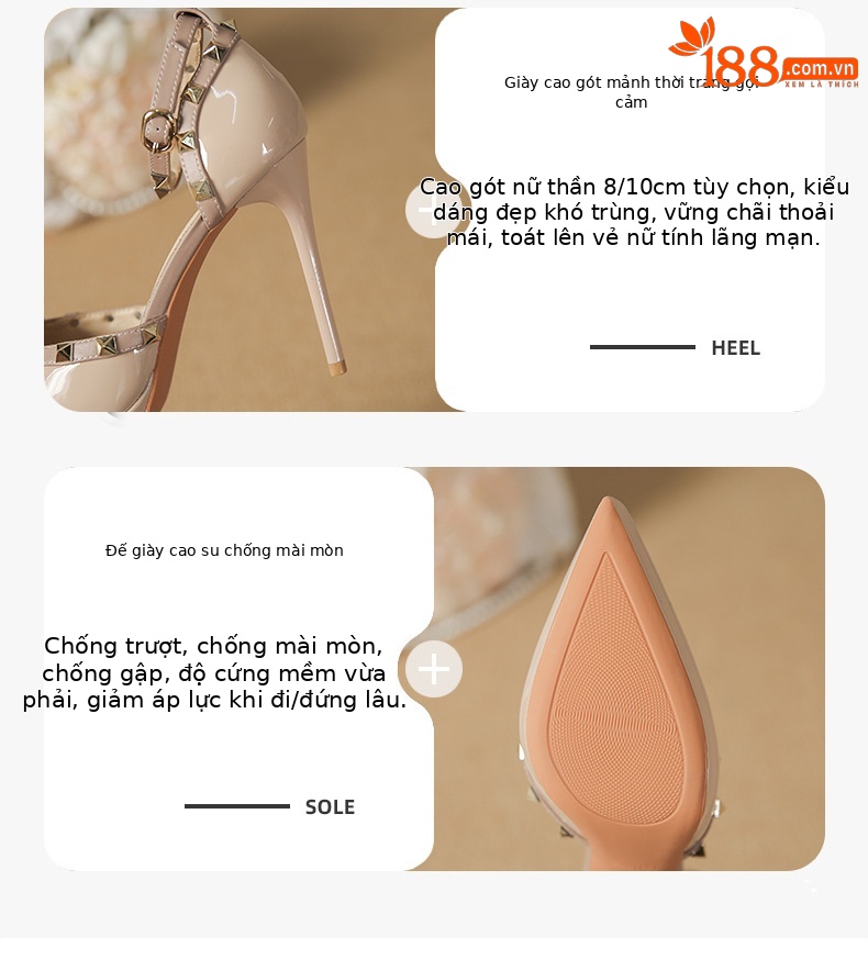 Giày cao gót mũi nhọn đinh tán bít mũi rỗng gót 10 cm — Màu nude-10cm chi tiết 3
