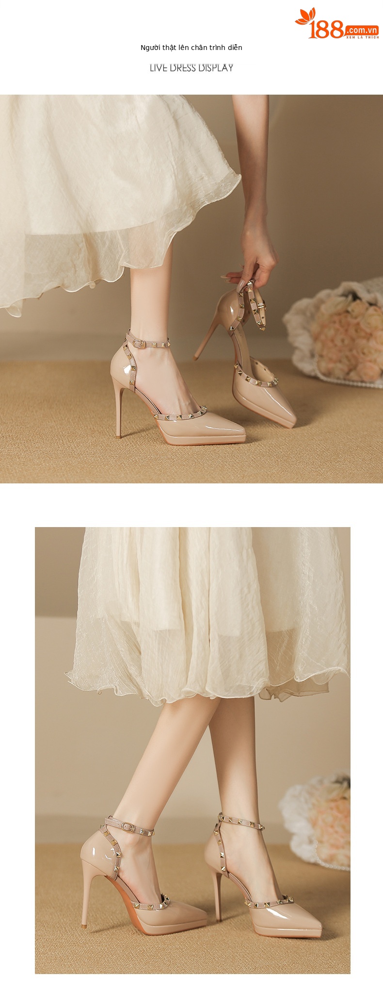 Giày cao gót mũi nhọn đinh tán bít mũi rỗng gót 10 cm — Màu nude-10cm chi tiết 4