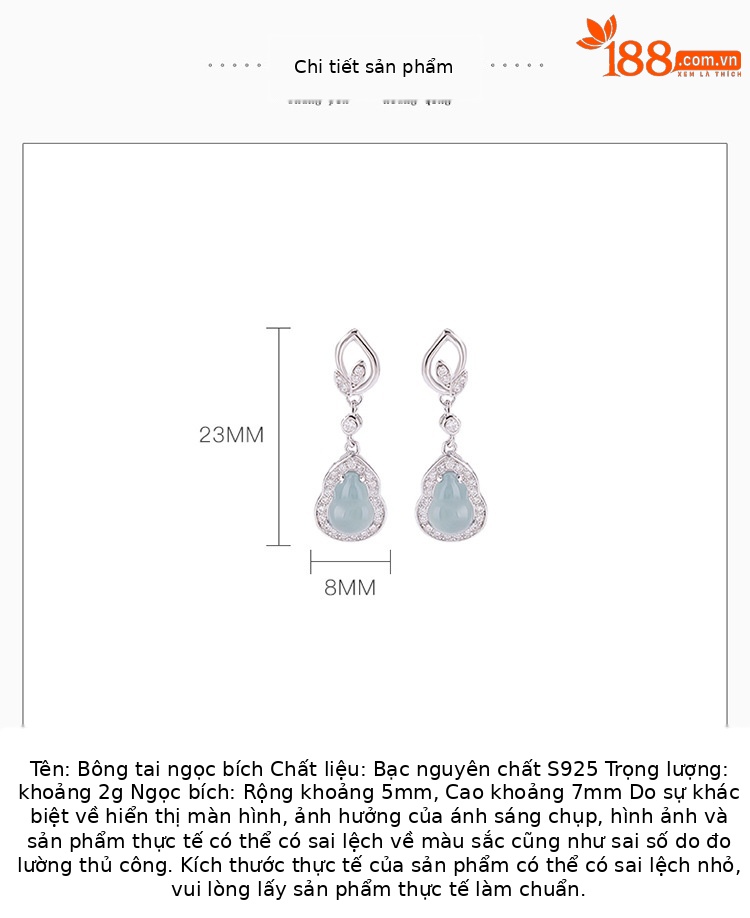 Khuyên tai nữ bạc 925 đính đá ngọc bích xanh dáng bầu dục phong cách hoang dã cao cấp — Một cặp chi tiết 2