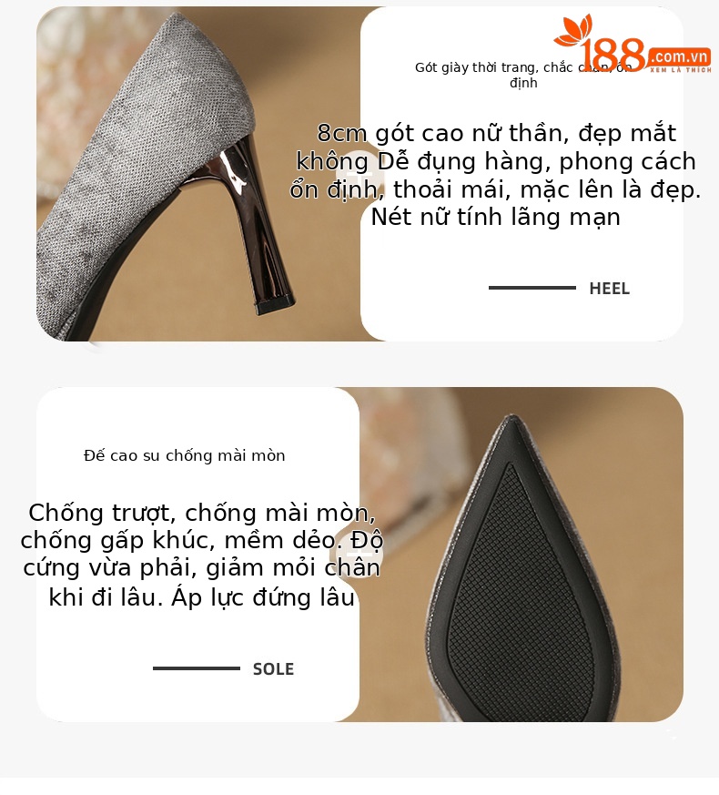 Giày cao gót nữ mũi nhọn da lộn gót thô chống thấm nước kiểu Pháp — Màu đen chi tiết 2