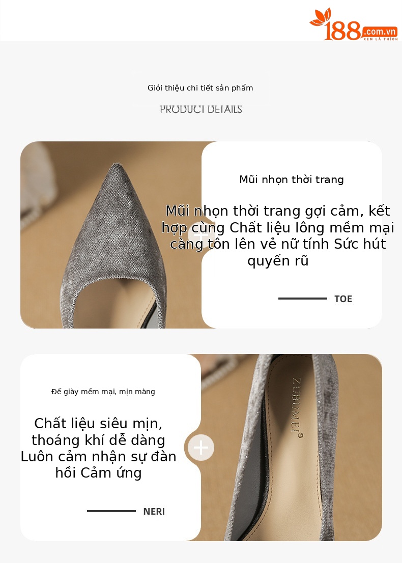 Giày cao gót nữ mũi nhọn da lộn gót thô chống thấm nước kiểu Pháp — Màu đen chi tiết 1