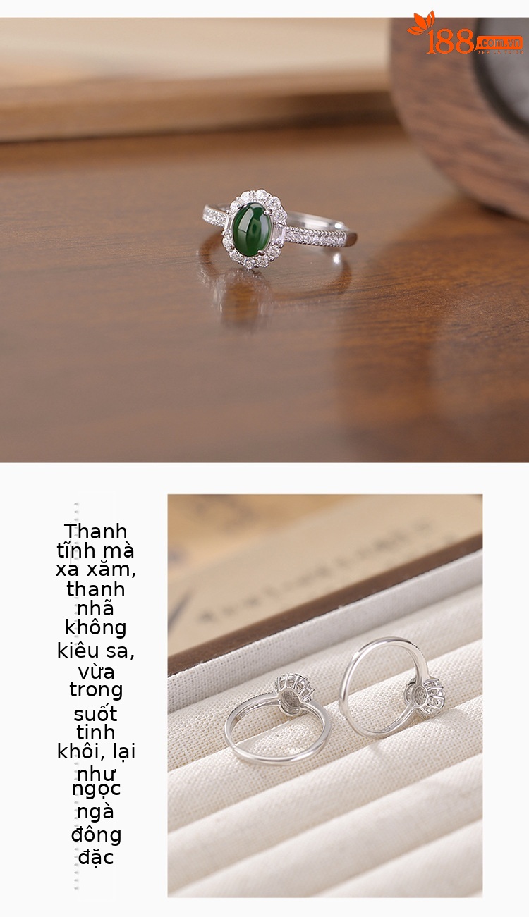 Nhẫn nữ bạc S925 mặt trứng ngọc bích xanh phong cách cổ điển — Mẫu ngọc bích nước xanh chi tiết 3