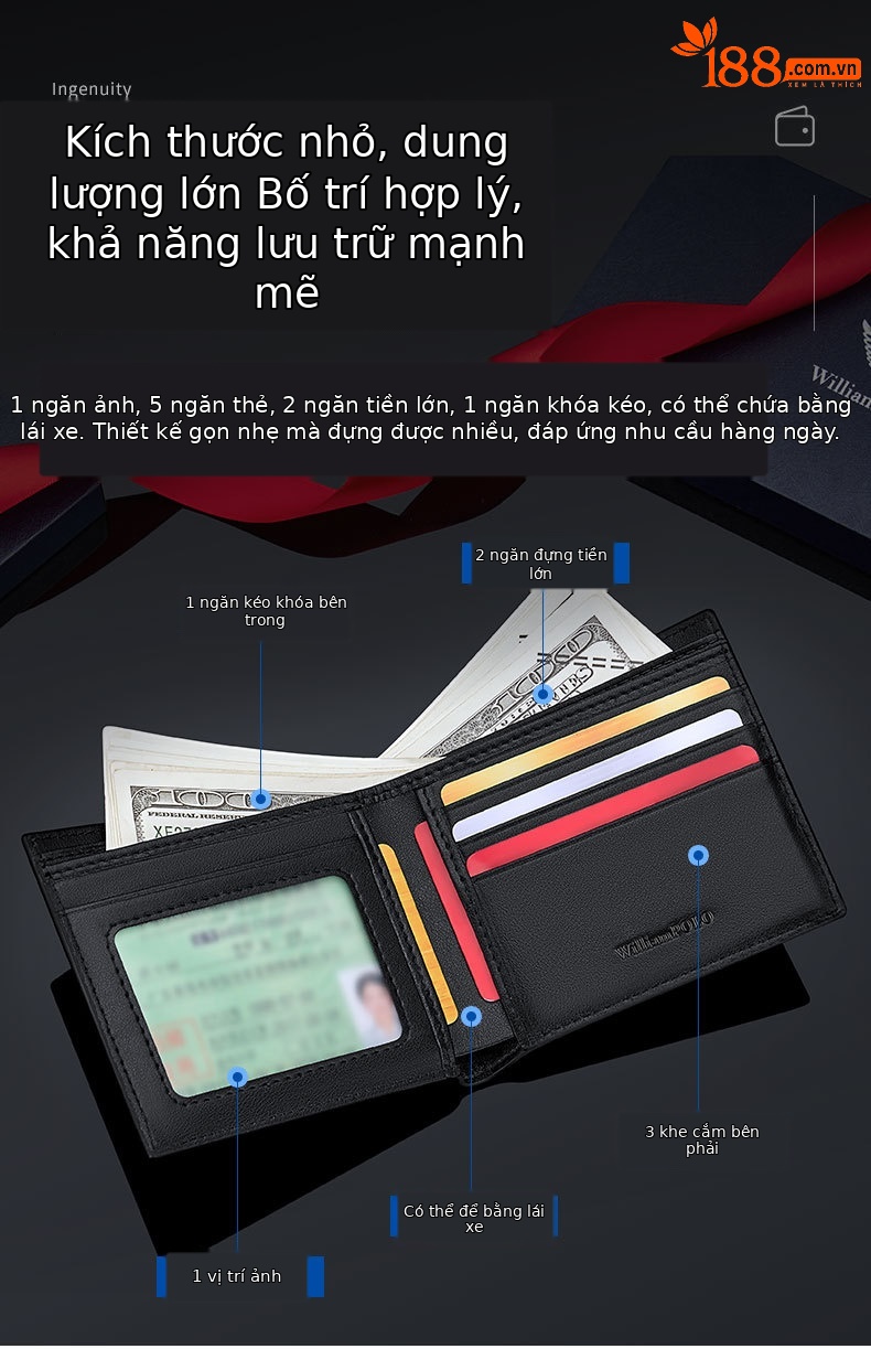 Ví da bò nam gập mini cao cấp Hoàng Đế Paul chi tiết 6