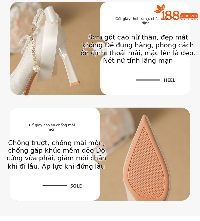Giày cao gót nữ da lộn mũi nhọn gót dày nơ ngọc trai đế chống thấm — Đỏ rượu chi tiết 2