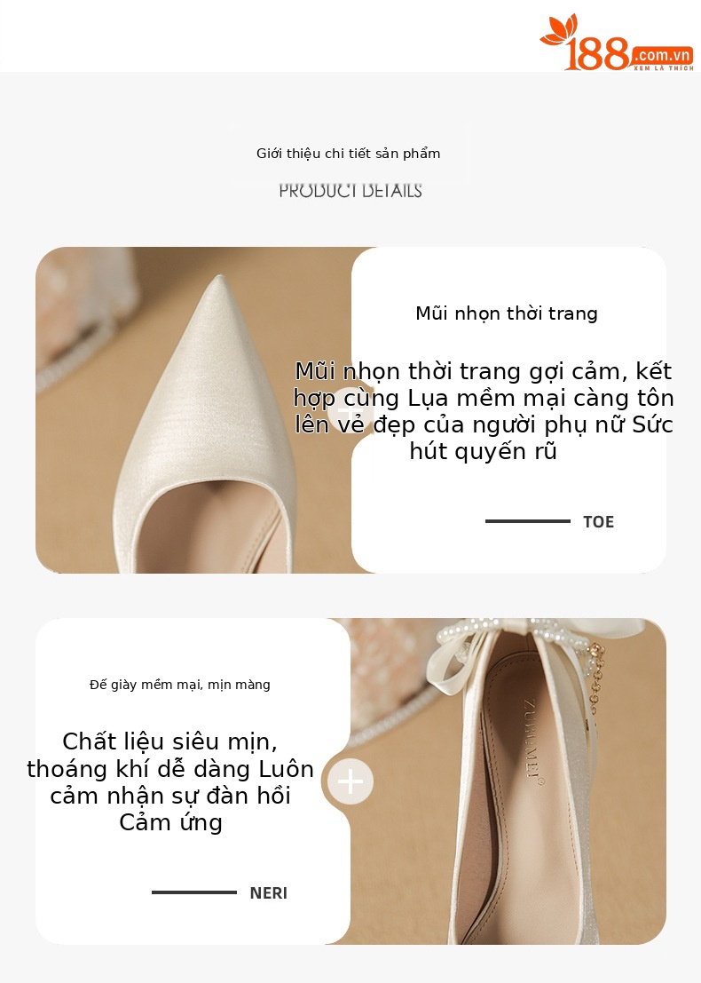 Giày cao gót nữ da lộn mũi nhọn gót dày nơ ngọc trai đế chống thấm — Đỏ rượu chi tiết 1