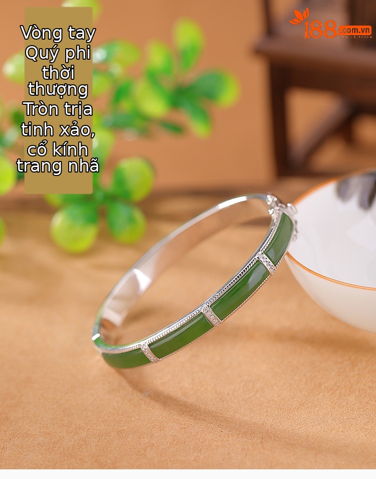 Vòng tay bạc S925 đính ngọc bích Hetian phong cách cổ điển thanh lịch — Có thể mở bên (thích hợp cho miệng vòng 54-58) chi tiết 1