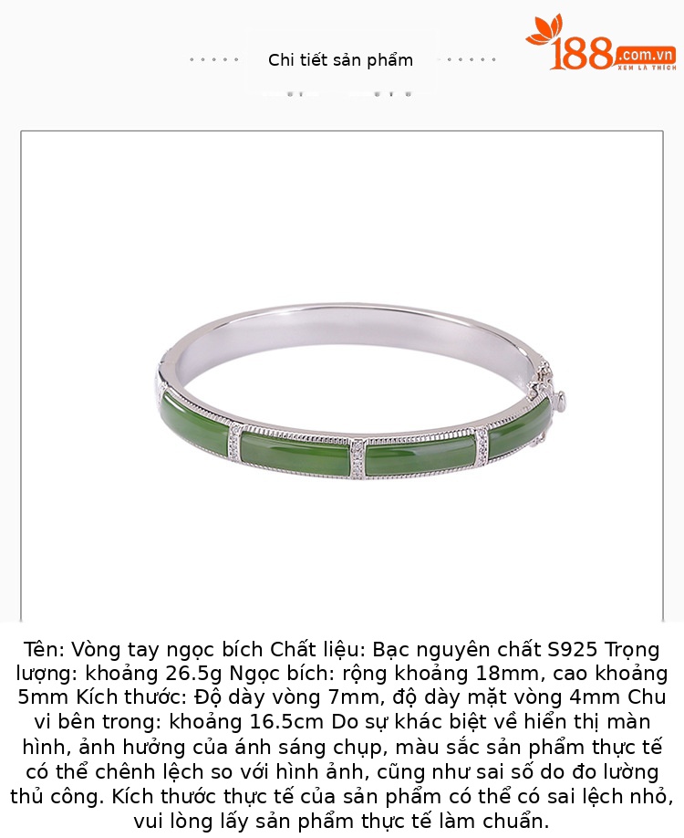 Vòng tay bạc S925 đính ngọc bích Hetian phong cách cổ điển thanh lịch — Có thể mở bên (thích hợp cho miệng vòng 54-58) chi tiết 2