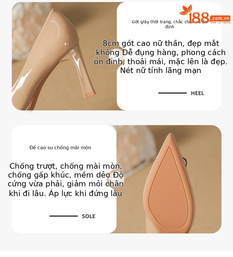 Giày cao gót mũi nhọn gót dày 8 cm kiểu Pháp — Màu đen chi tiết 2