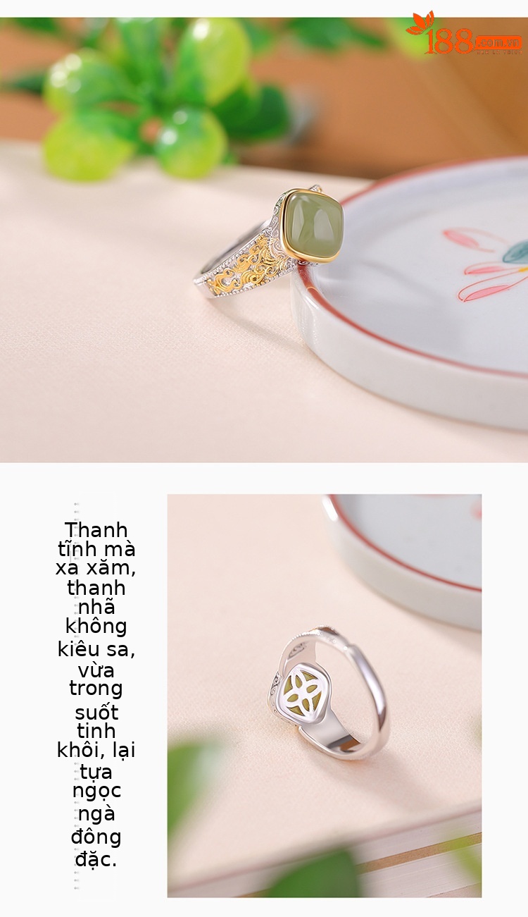 Nhẫn bạc S925 mạ vàng nước đỏ đính ngọc Hòa Điền phong cách retro hình cỏ lau kim cương — Kiểu ngọc bích chi tiết 3