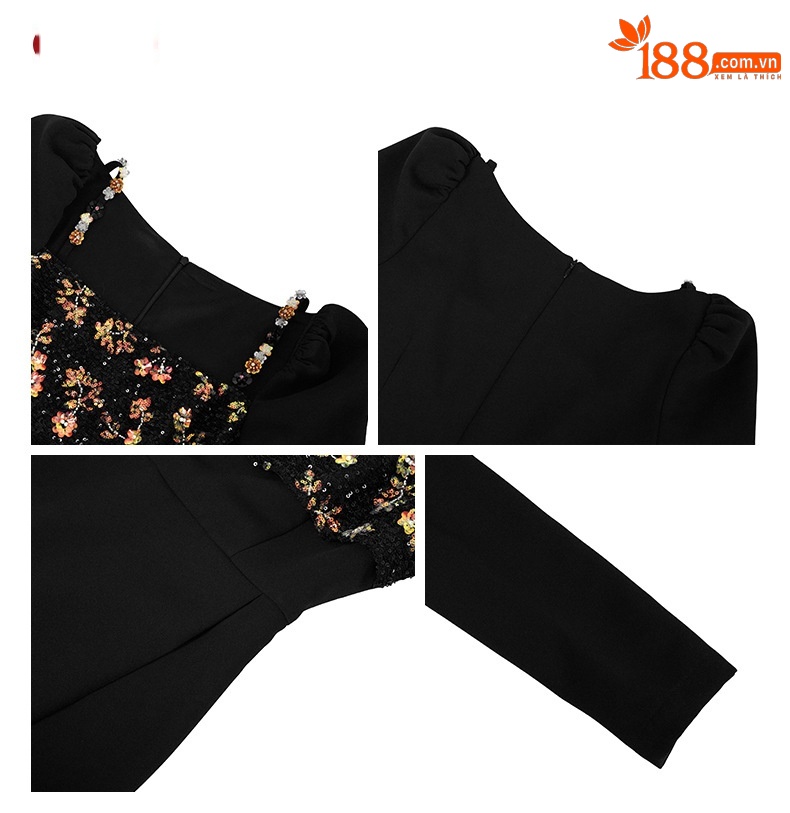 Đầm ôm body nữ cổ vuông đính sequin xẻ tà bất đối xứng thiết kế Pháp — Màu đen chi tiết 2