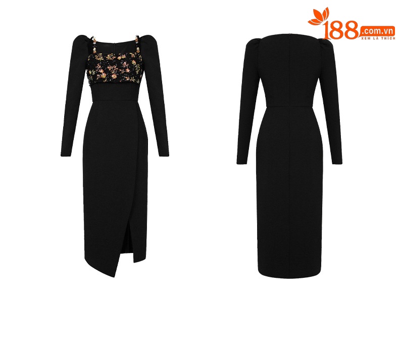 Đầm ôm body nữ cổ vuông đính sequin xẻ tà bất đối xứng thiết kế Pháp — Màu đen chi tiết 3