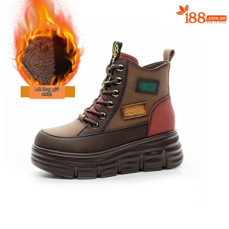Boot nữ cổ ngắn đế dày tăng chiều cao phong cách retro phối màu — M2693-1 đỏ lót nhung, M2693 màu xanh lá cây một lớp, M2693-1 xanh lục lót nhung, M2693 màu đỏ một lớp bên trong