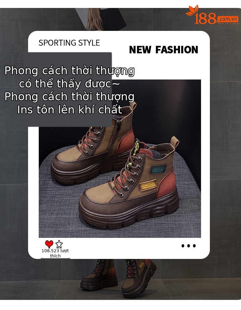 Boot nữ cổ ngắn đế dày tăng chiều cao phong cách retro phối màu — M2693-1 đỏ lót nhung, M2693 màu xanh lá cây một lớp, M2693-1 xanh lục lót nhung, M2693 màu đỏ một lớp bên trong chi tiết 3