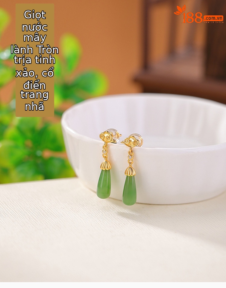 Khuyên tai nữ bạc S925 mạ vàng đính đá ngọc bích hình mây lành — Kiểu màu bạc chi tiết 1
