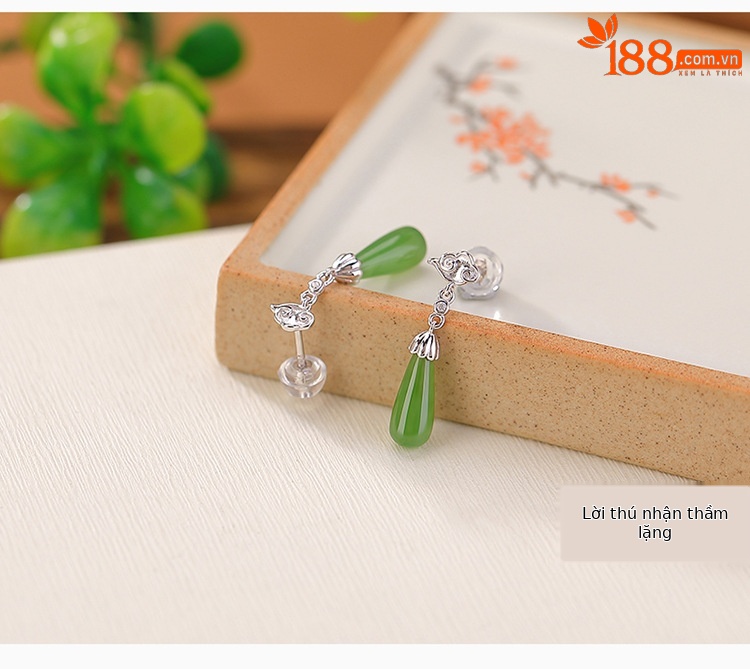 Khuyên tai nữ bạc S925 mạ vàng đính đá ngọc bích hình mây lành — Kiểu màu bạc chi tiết 4