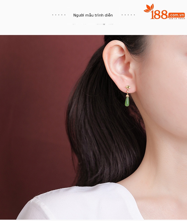 Khuyên tai nữ bạc S925 mạ vàng đính đá ngọc bích hình mây lành — Kiểu màu bạc chi tiết 5