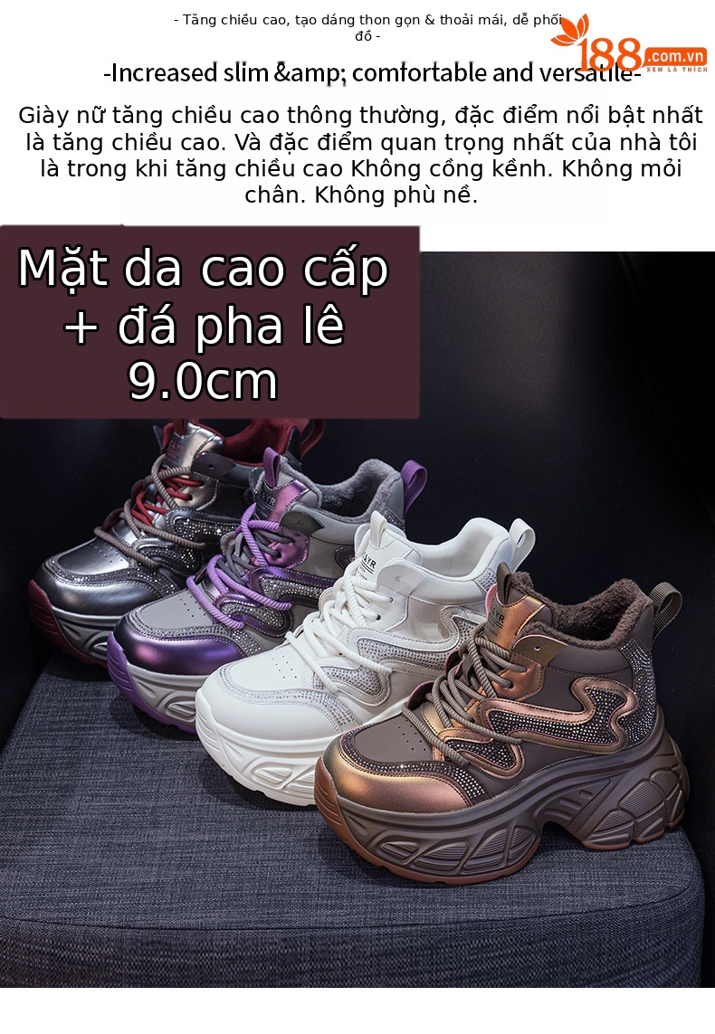 Giày sneaker nữ đế dày tăng chiều cao 9cm phong cách hot trend 2026 — Lớp lót đơn màu tím M2695, M2695- 1m màu cộng với nhung, Lớp lót đơn màu M 2695m, M2695-1 nâu cộng với nhung chi tiết 2