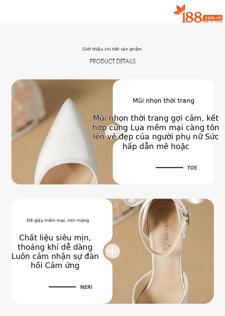 Giày cao gót nữ mũi nhọn gót nhọn, đế chống thấm nước, thiết kế nơ trang trí — Màu đen chi tiết 1
