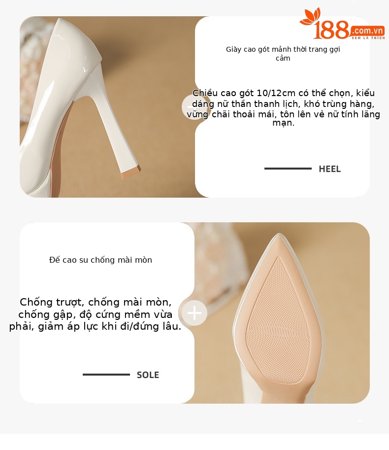 Giày cao gót nữ mũi nhọn gót 12 cm, đế chống thấm nước, không mỏi chân, phù hợp công sở và dự tiệc — Màu khỏa thân-12cm chi tiết 3