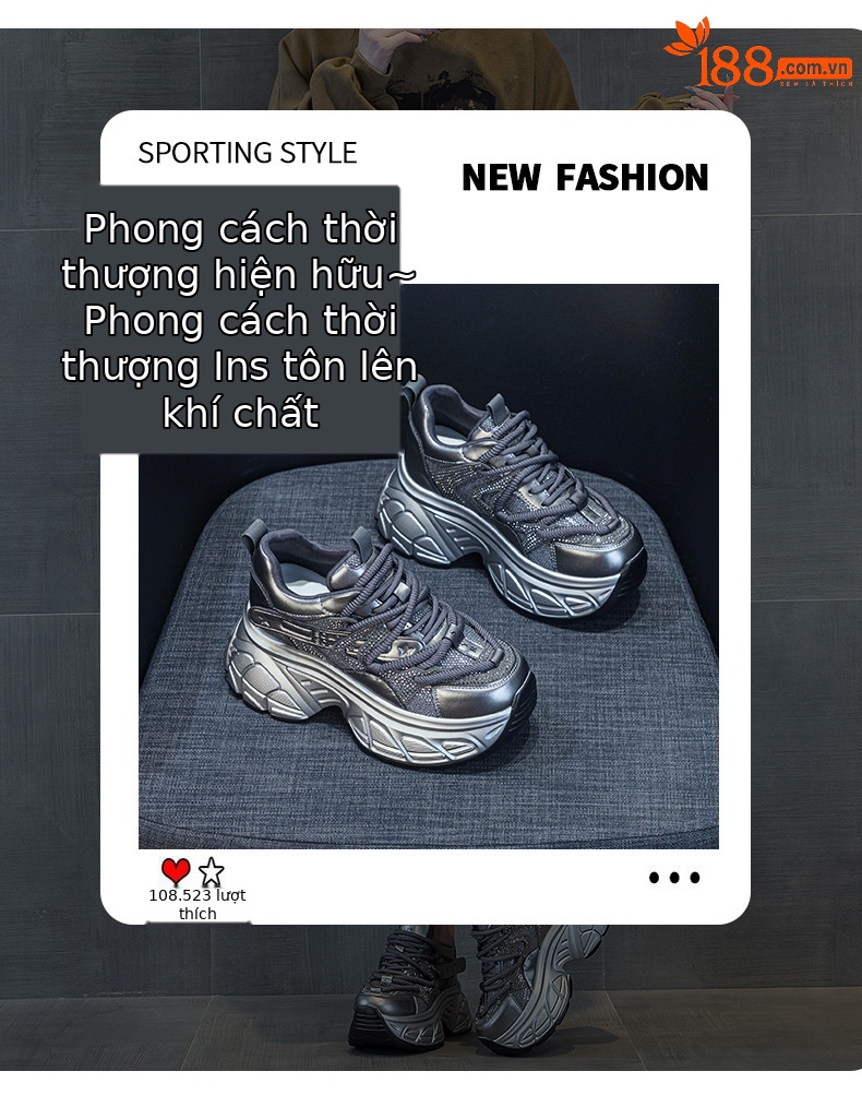Giày sneaker nữ đế dày chunky tăng chiều cao 9 cm phong cách hot girl — Bạc M2696, M 2696m Màu sắc, M2696 đỏ chi tiết 3