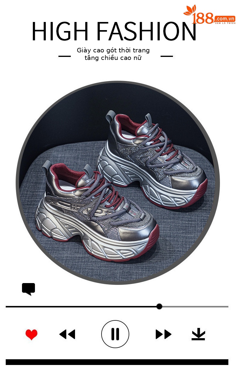 Giày sneaker nữ đế dày chunky tăng chiều cao 9 cm phong cách hot girl — Bạc M2696, M 2696m Màu sắc, M2696 đỏ chi tiết 5