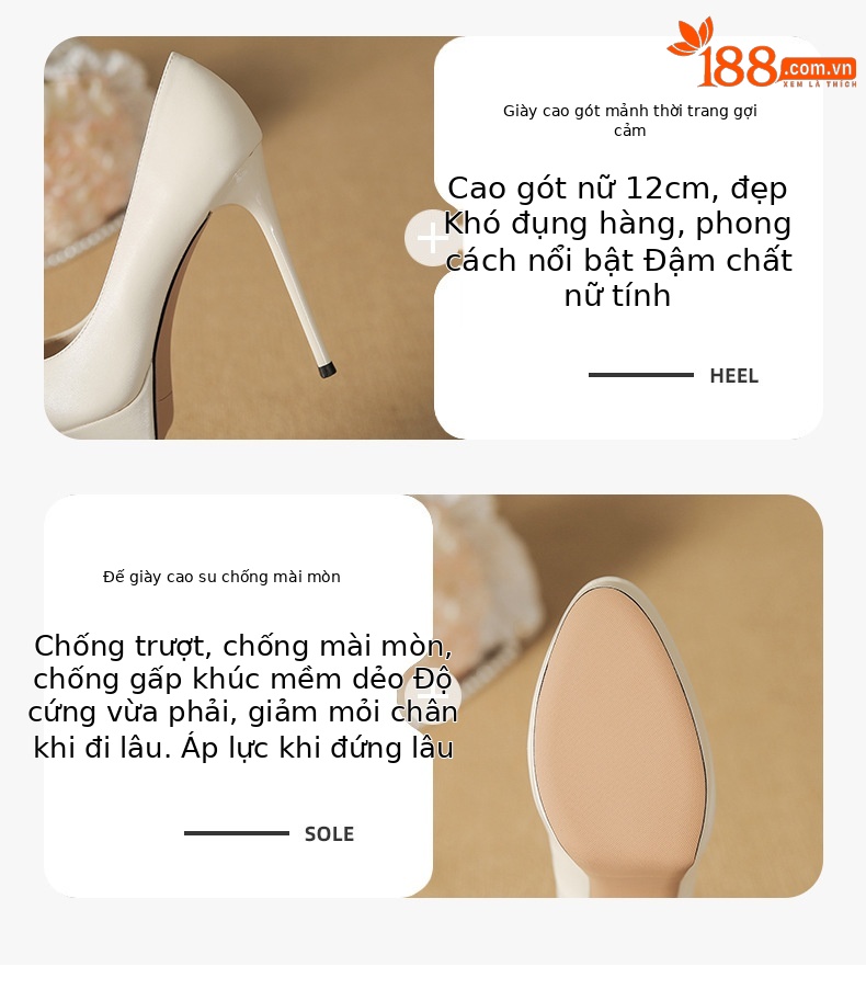 Giày cao gót nữ đế xuồng mũi tròn, gót nhọn 12 cm — Màu nude-12cm chi tiết 2