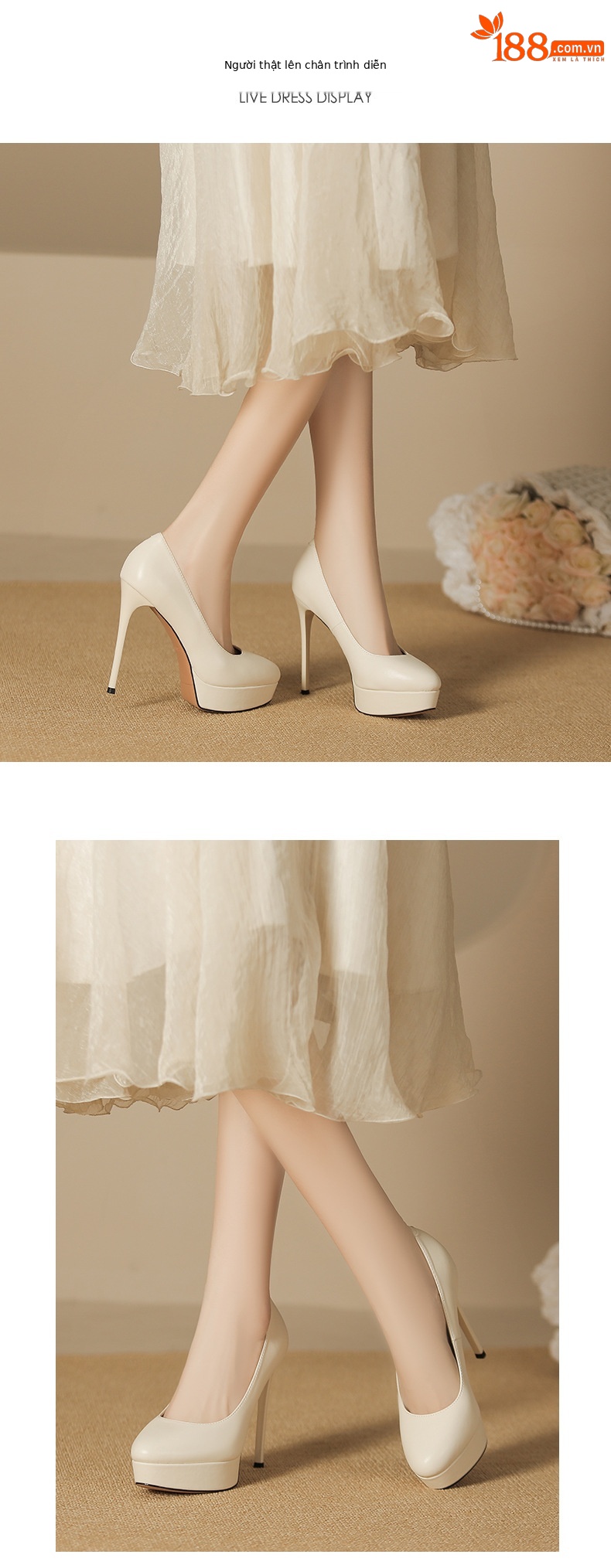 Giày cao gót nữ đế xuồng mũi tròn, gót nhọn 12 cm — Màu nude-12cm chi tiết 3