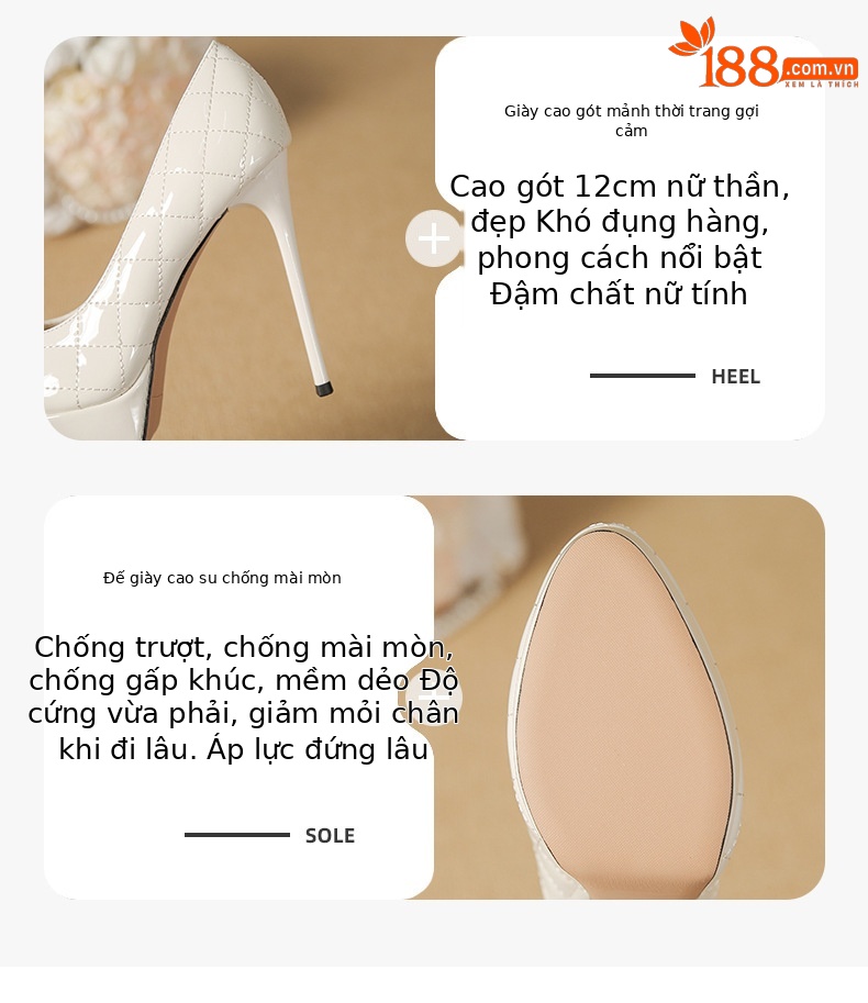 Giày cao gót nữ mũi tròn đế xuồng họa tiết ca rô gót 12 cm — Màu nude-12cm chi tiết 2