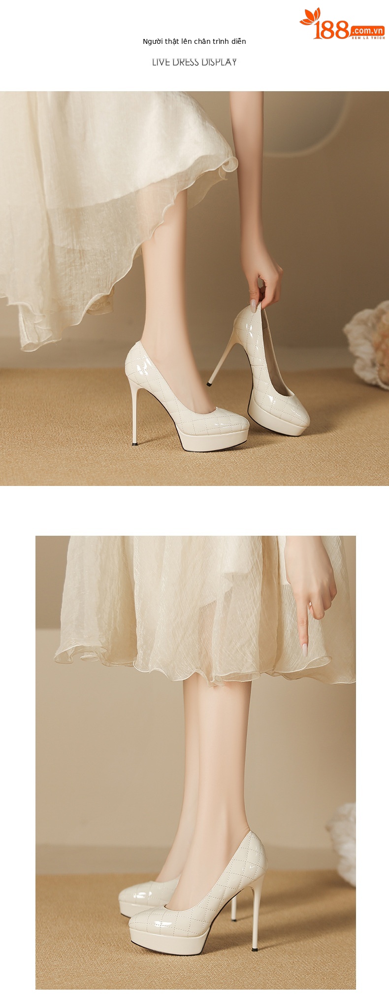 Giày cao gót nữ mũi tròn đế xuồng họa tiết ca rô gót 12 cm — Màu nude-12cm chi tiết 3