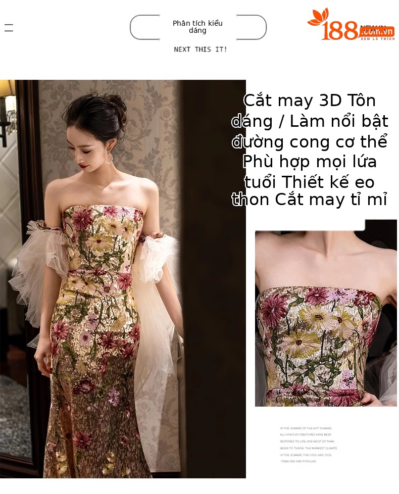 Váy đuôi cá cao cấp kiểu quây ngực trễ vai, phong cách Trung Quốc, dáng ôm body — Váy lễ phục màu sâm panh chi tiết 2