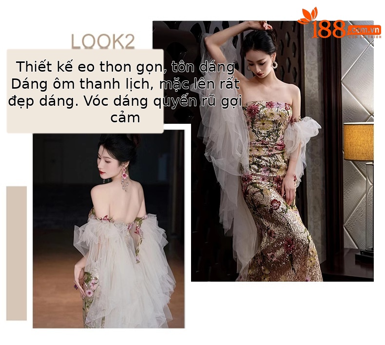 Váy đuôi cá cao cấp kiểu quây ngực trễ vai, phong cách Trung Quốc, dáng ôm body — Váy lễ phục màu sâm panh chi tiết 4