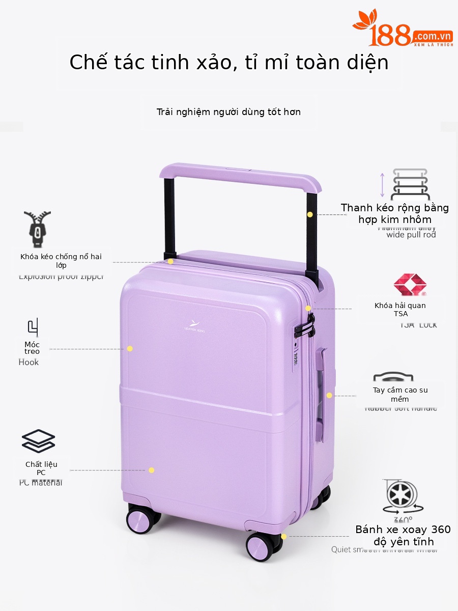 Vali PC thanh giằng rộng 20 inch bánh xe phổ thông im lặng mẫu mới 2025 — màu đen☆, màu xám☆, màu tím☆, màu trắng☆
