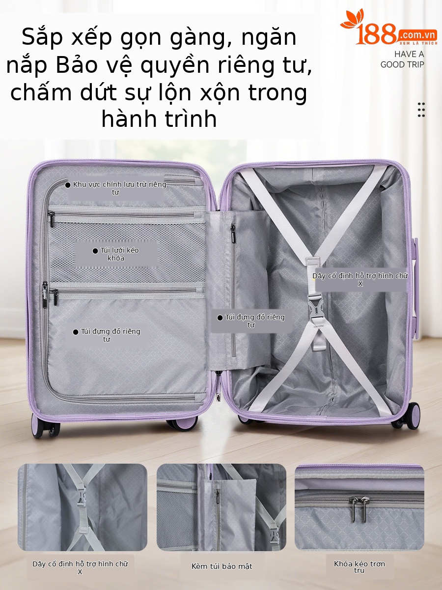 Vali PC thanh giằng rộng 20 inch bánh xe phổ thông im lặng mẫu mới 2025 — màu đen☆, màu xám☆, màu tím☆, màu trắng☆